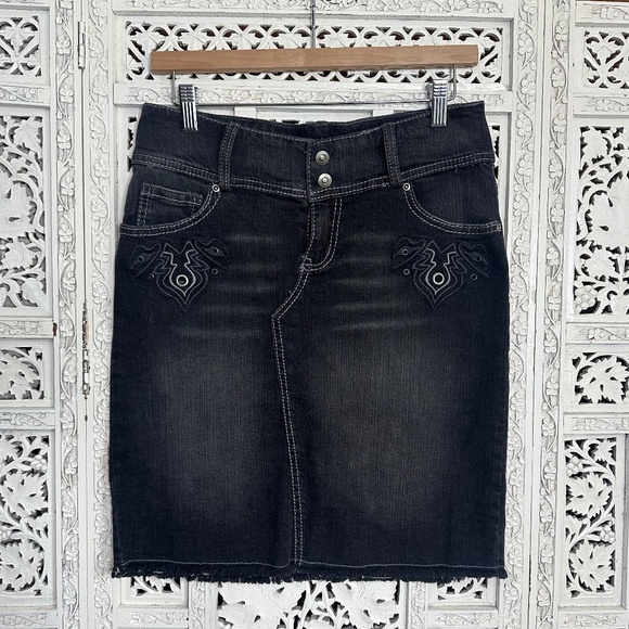 Xhilaration Dresses & Skirts - Xhilaration Dark Grey Grunge Y2K Style Low Rise Denim Skirt With Fringe